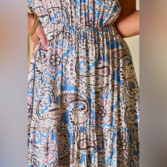 Blue Boho Paisley Print Off Shoulder Maxi Dress Bohemian Long Dress - Picture 15 of 15